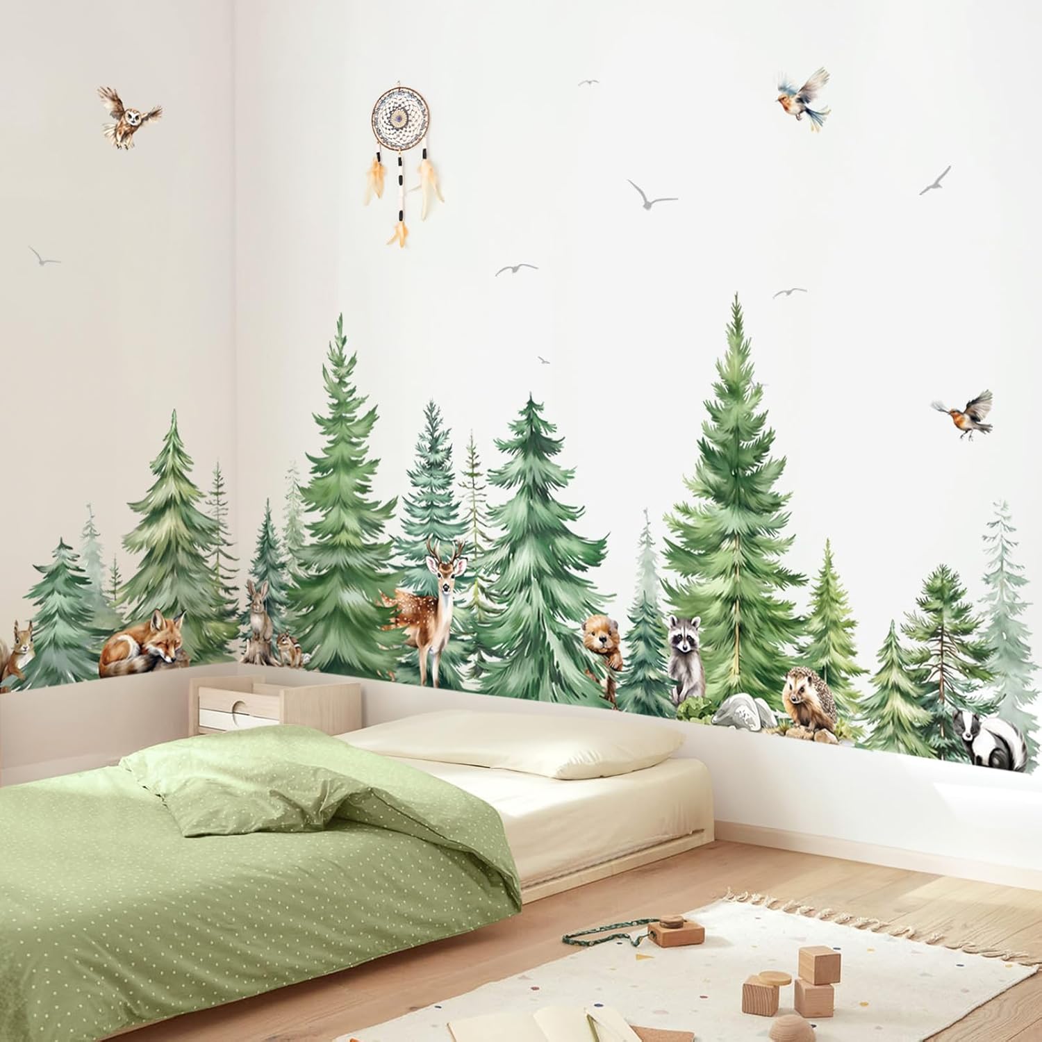 Baby Nursery Wall Mural - Large Watercolor Pine Tree Animals Wall
