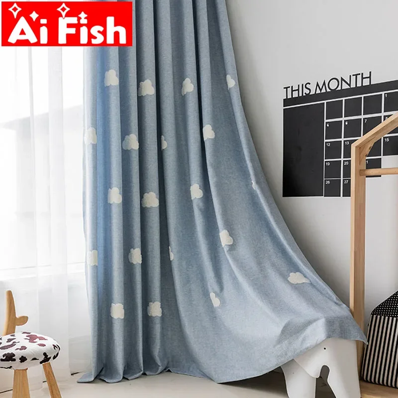 Blackout Curtain Nursery - Thêu Đám Mây Xanh Dương Vải