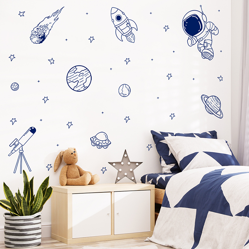 Baby Nursery Decor Boy - Cartoon Universe Astronaut Planet Rocket Wall