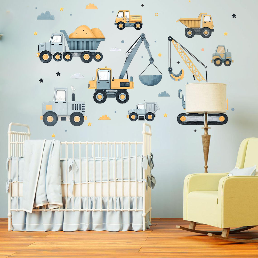 Cartoon Excavator Vehicles Set - đánh giá và giá Baby Nursery Wall Mural