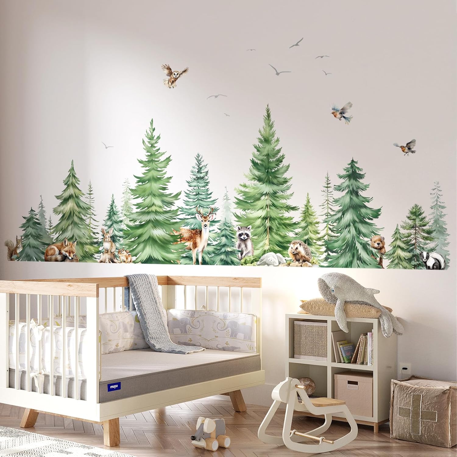 Large Watercolor Pine Tree Ani - đánh giá và giá Baby Nursery Wall Mural