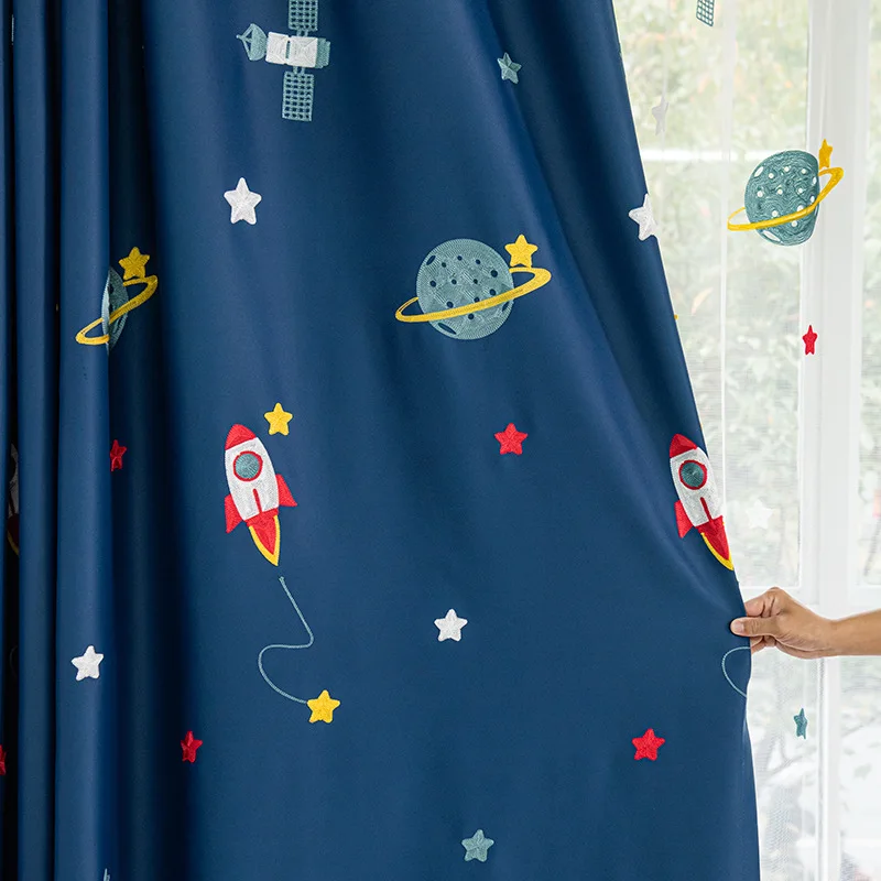 Navy Blue Cartoon Rocket Space - đánh giá và giá Blackout Curtain Nursery