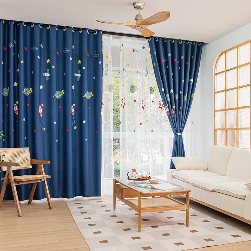 Navy Blue Cartoon Rocket Space - đánh giá và giá Blackout Curtain Nursery