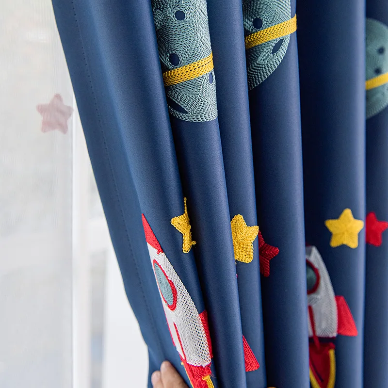 Navy Blue Cartoon Rocket Space - đánh giá và giá Blackout Curtain Nursery