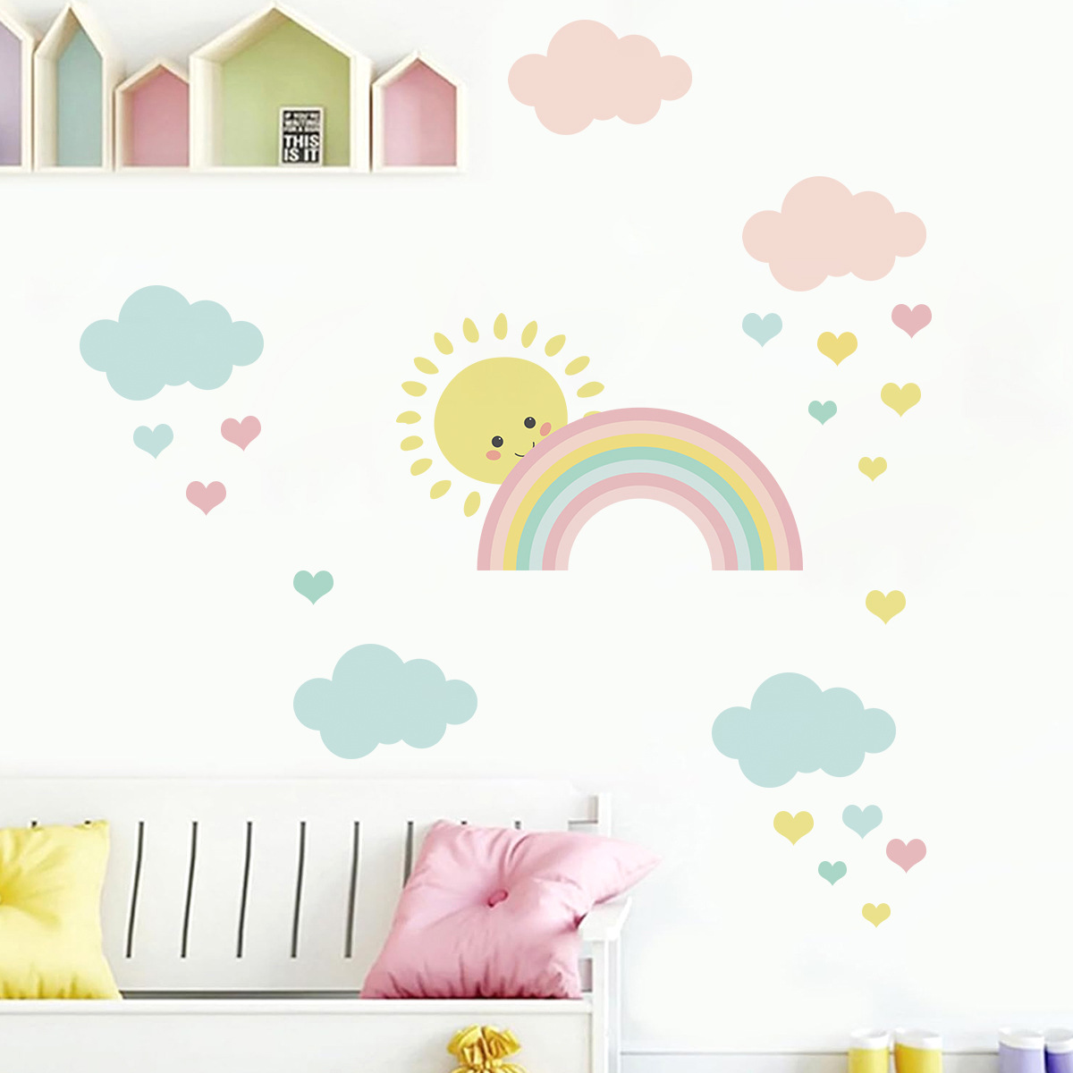 Cartoon Sun Rainbow Clouds Wal - đánh giá và giá Baby Nursery Decor Boy